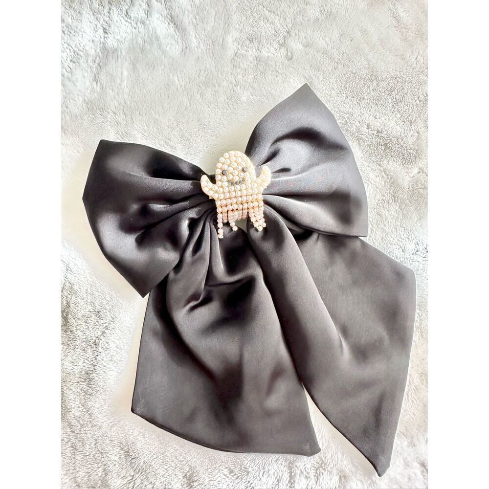 Adorable Halloween black bow with pearl embellished ghost (detachable)